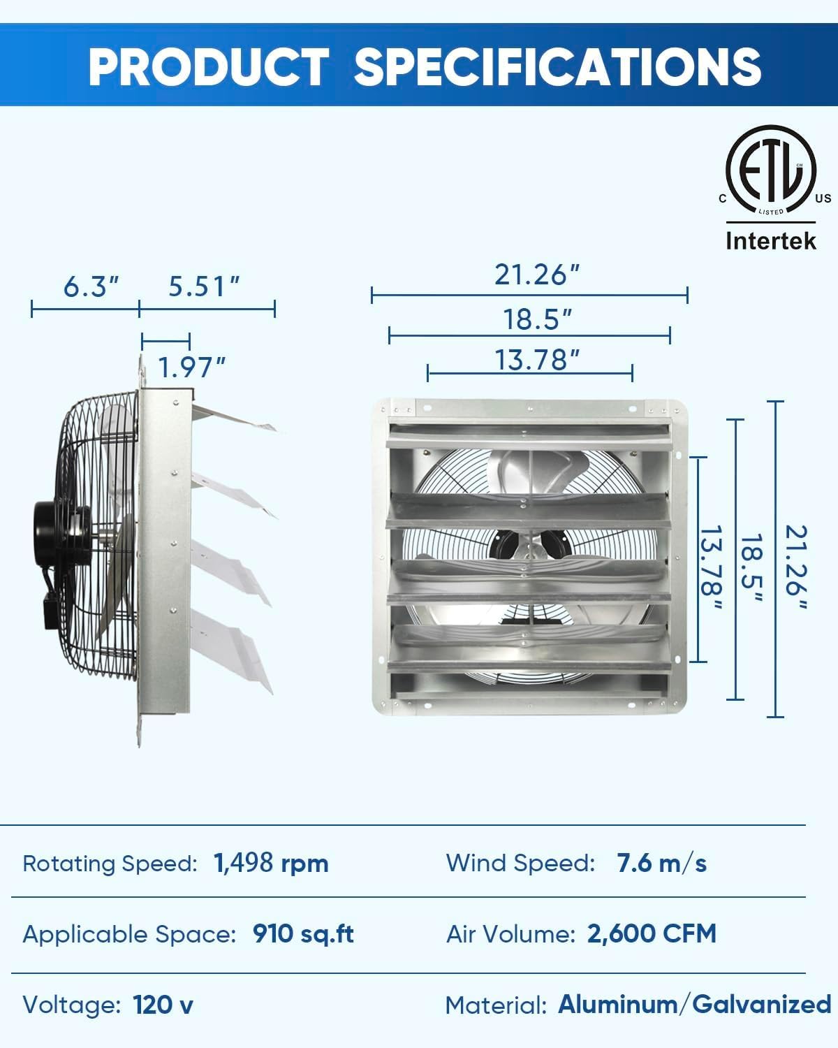 Jpower 18 Inch Shutter Exhaust Fan, Gable Vent Fan, Wall Mount Ventilation, High Speed 2600 Cfm, Automatic Aluminum Blades, For