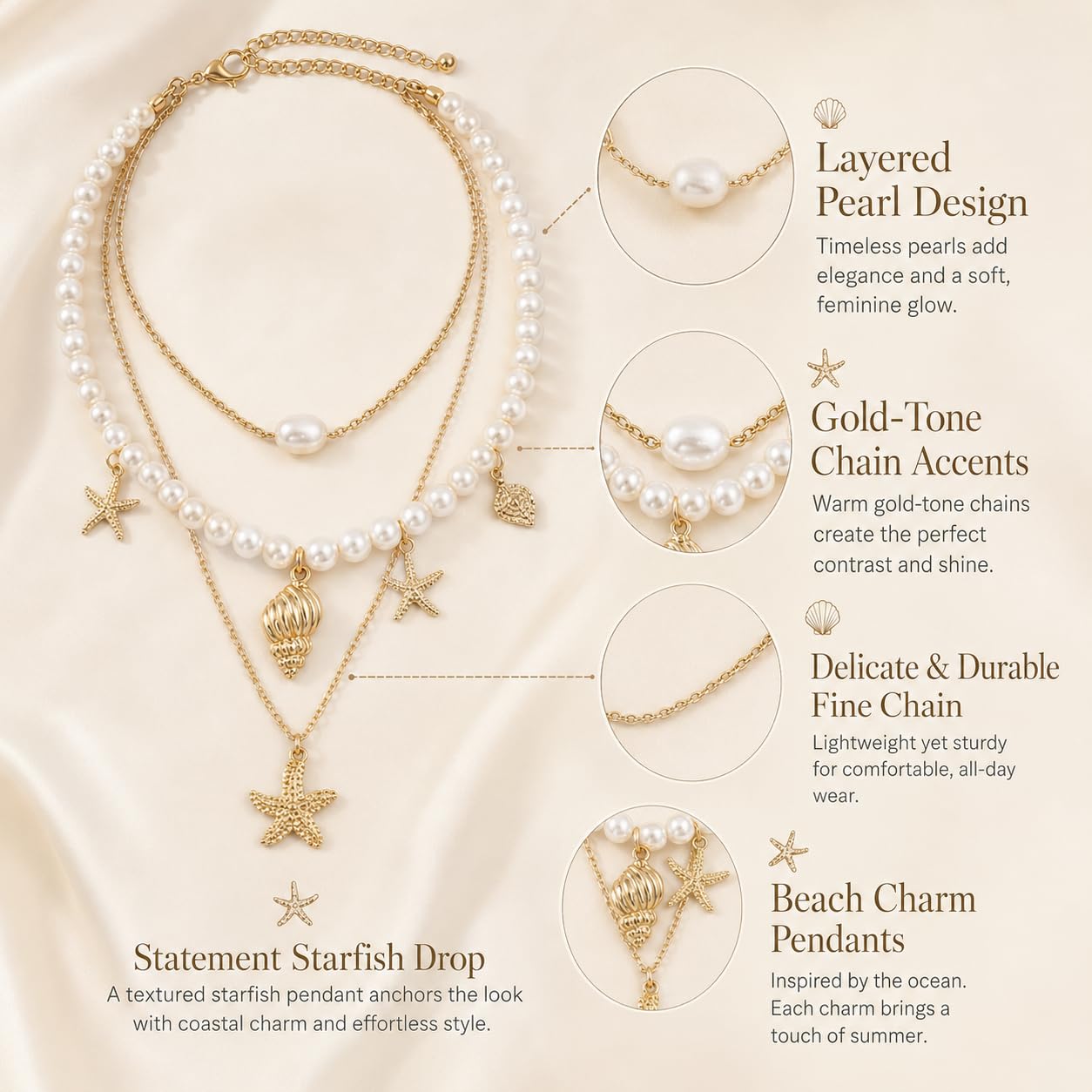 Shell Starfish Necklace for Women Gold Tone Layered Beach Jewelry Pearl Seashell Charm Adjustable Coastal Necklace for Summer Vacation Outfits Gifts