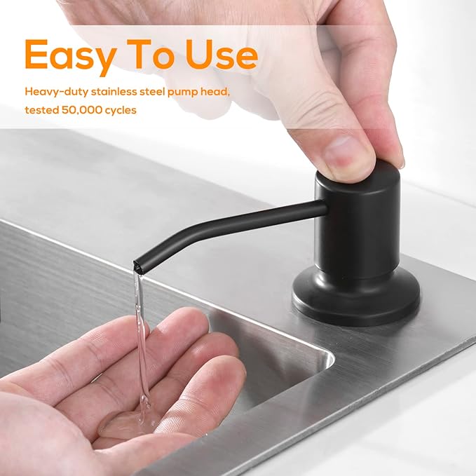 Built in Soap Dispenser for Kitchen Sink Matte Black Stainless Steel Pump Head, Counter Soap Dispenser Refill from The Top with 17 Oz PE Bottle