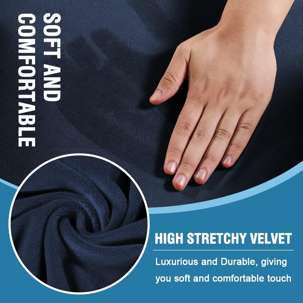 H.VERSAILTEX Sofa Cover 3 Piece T Cushion Loveseat Slipcovers Thick Velvet Couch Cover Furniture Protector Stretch T Cushion Sofa Covers for 2 Cushion Couch with 2 Individual T Cushion Covers, Navy