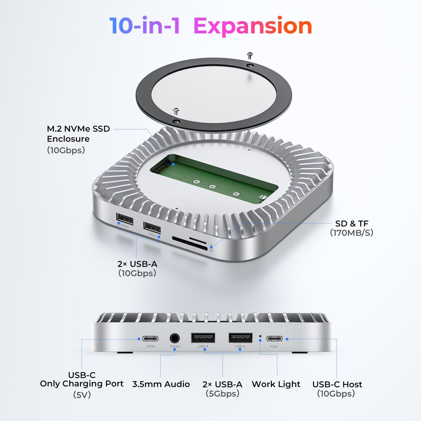 RayCue Mac mini M4 Dock & Stand with 8TB NVMe SSD, 10Gbps USB A/C, Silver