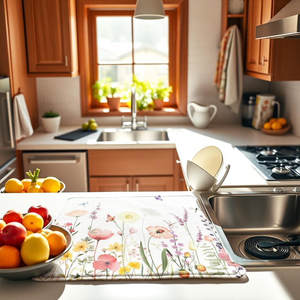 Floral Spring Small Dish Drying Mat for Kitchen Counter 16''x18''Microfiber Absorbent - Foldable, Quick-Dry, Non-Slip, Compact Kitchen Drying Pad for Dishes, Countertops, and Cookware