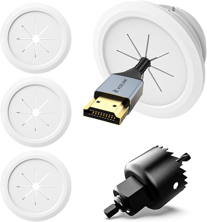 VCELINK TV Cord Hider for Wall Mounted TV, 2.36" Mini White Cable Management Kit Hides TV Wires- Push Type, 4 Pack Wall Cord Pass Throughs and 1 Hole Saw Drill- Ideal for Mounted TVs, Speakers, Desks