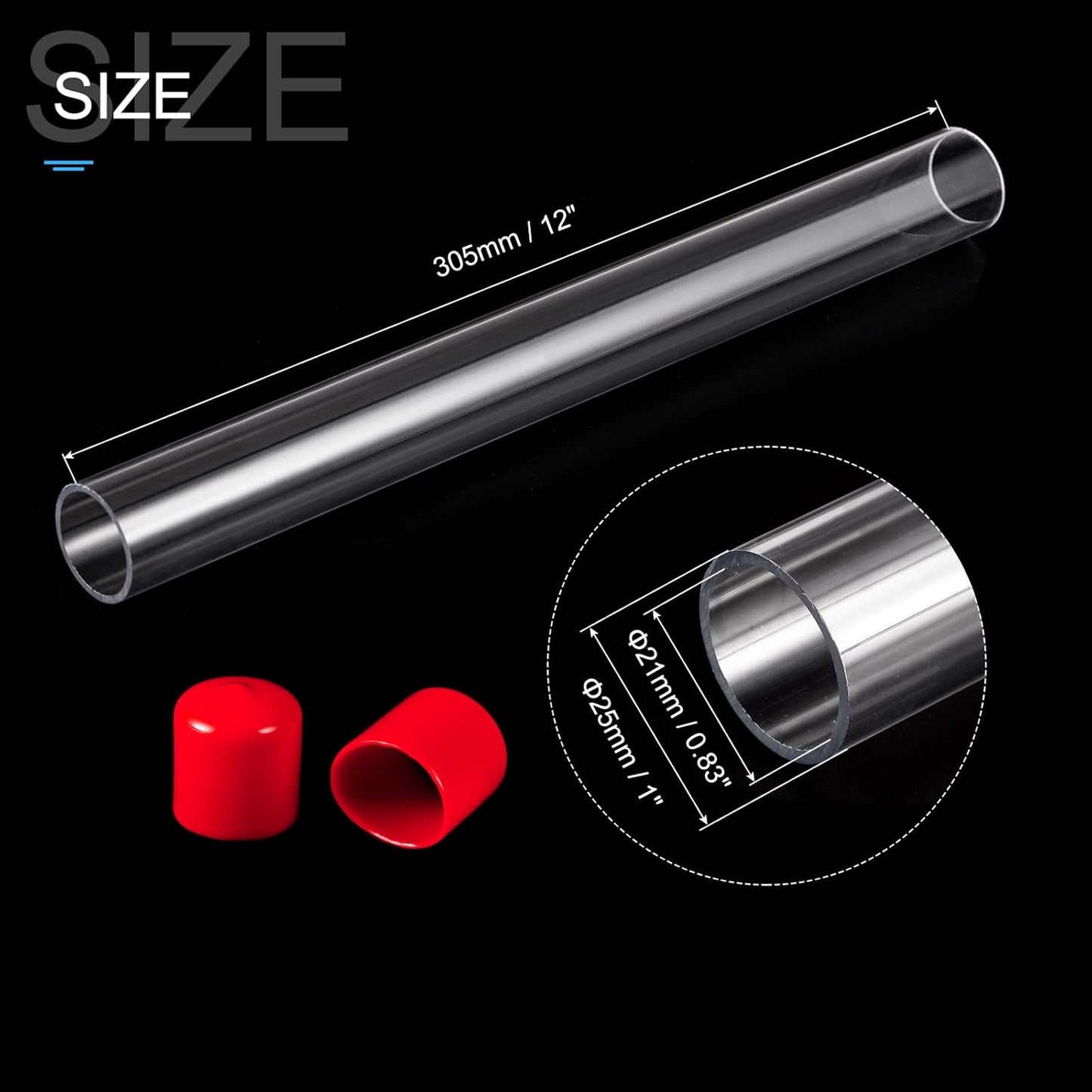 PATIKIL Clear Rigid Tube Round Plastic Tubing with Red Rubber Caps Polycarbonate Water Pipe, 305mm/ 12 Inch Length, 21mmx25mm/0.83"x1", 2 Set