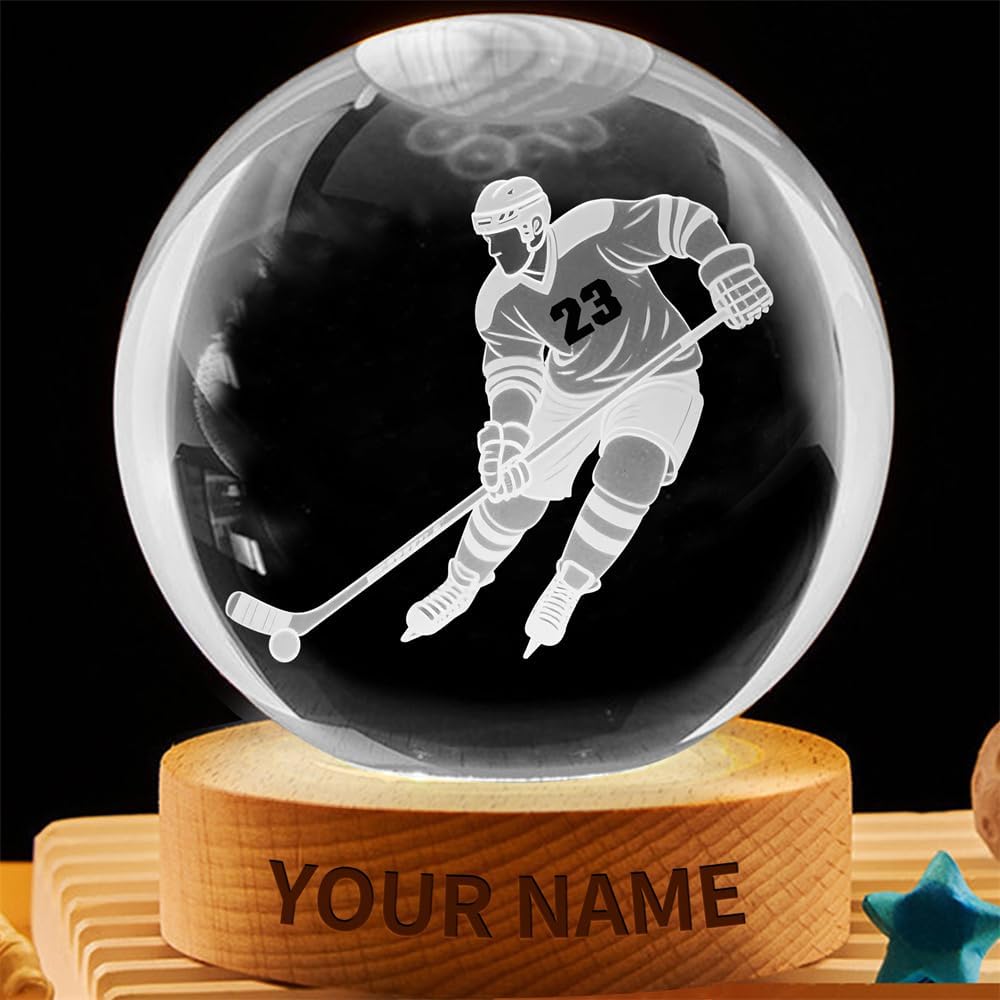 Personalized Ice Hockey Crystal Night Light Gift for Men Women, Custom Name/Number Hockey Player 3D Crystal Ball Night Light Lamp for Bedroom Room Sports Decor Party Bar Christmas Birthday Gift