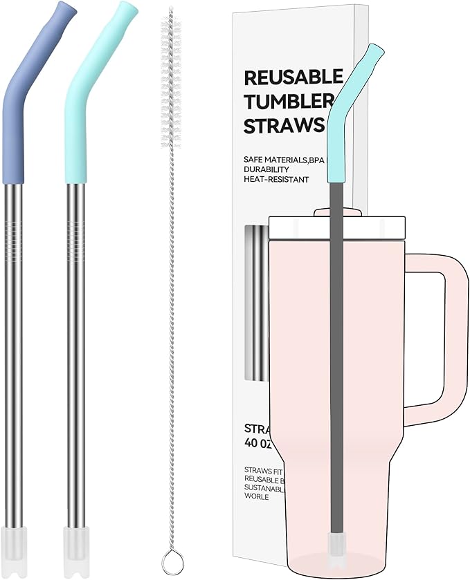40oz Metal Straws for Stanley 40oz Cup & 64oz Jugs, 2 PCS Extra-Long Stainless Steel Straws with Removable Silicone Tips, Fits Large Tumblers & Oversized Mugs