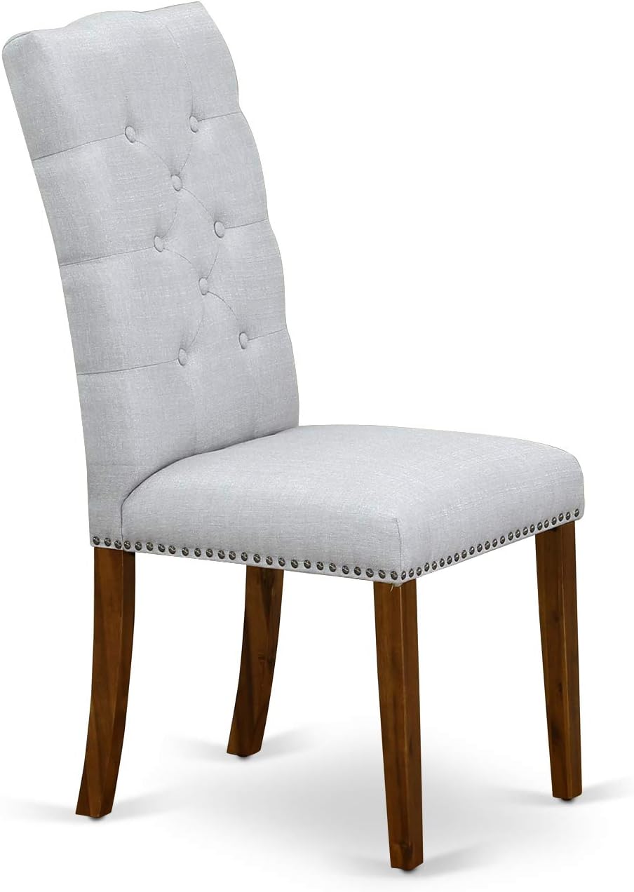 East West Furniture ELP8T05 Elsa Parson Dining Chairs - Button Tufted Nailhead Trim Grey Linen Fabric Upholstered Chairs, Set of 2, Walnut