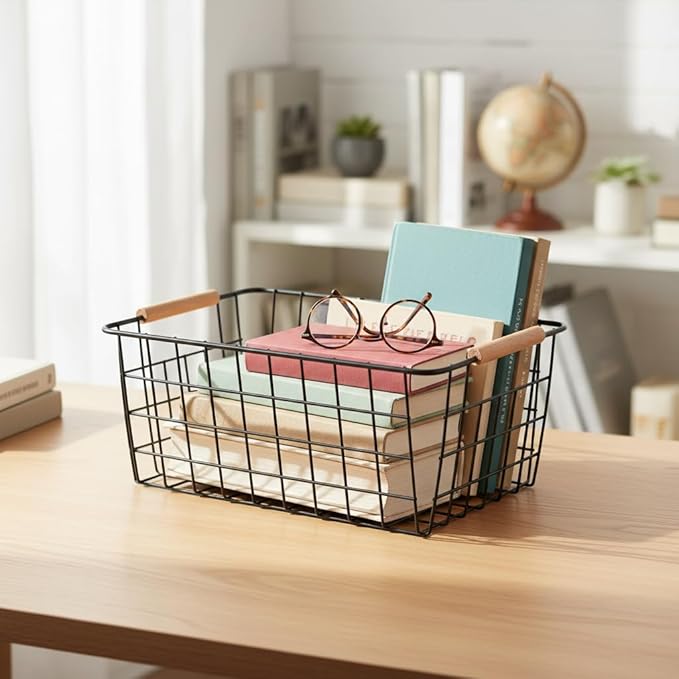 Metal Wire Food Storage Basket Organizer with Wooden Handles for Organizing pantry organizers and storage Kitchen Cabinets, 2 Packs-Black