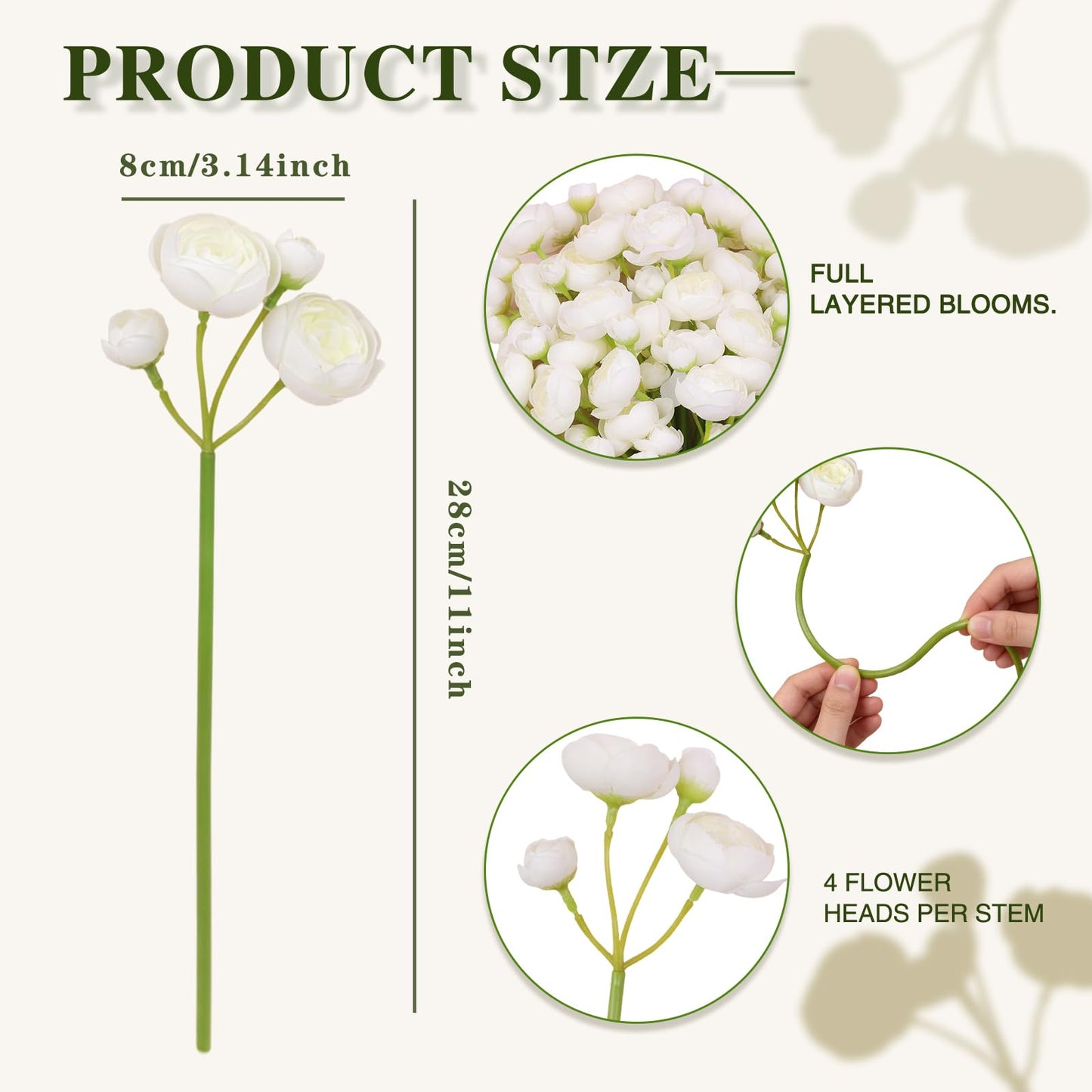 LzLflor 32Pcs Ranunculus Artificial Flowers, Ivory White Faux Silk Mini Peonies Bulk – Fake Wedding Flowers for DIY Bouquet, Home Decor, Bridal Shower & Centerpieces