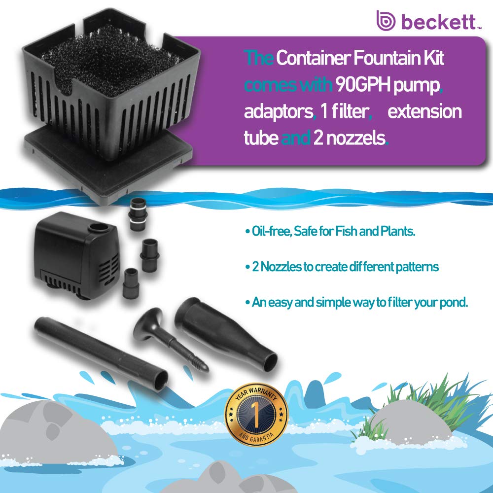 Beckett Corporation CGFK60 7207210 120 GPH 5 Watt Container Fountain Pump Kit for Patio Ponds, Container Fountains, Indoor and Outdoor Fountains, Black
