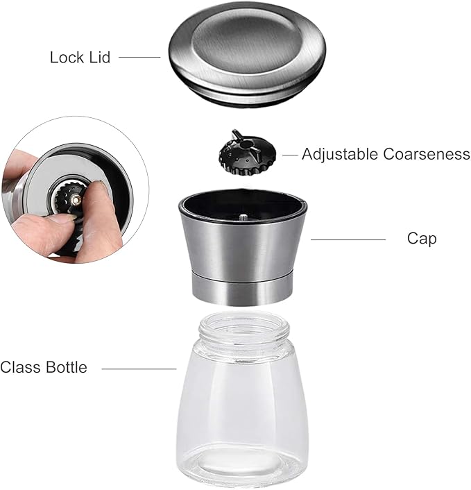 Premium Manual Pepper Grinder Mill with Stainless Steel Cap, Ceramic Blades and Adjustable Coarseness Grinder for Fresh Ground Pepper, Salt and Spices, 6 oz Glass Body (Single Package)