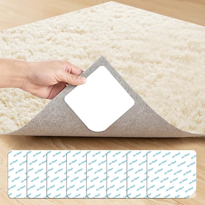 8 Pcs Rug Tape, Reusable Carpet Tape for Area Rugs，Non Slip Rug Pads Grippers for Hardwood Floors and Tiles, Double-Sided Adhesive Rug Stickers Keep Corners Flat, No Damage to Floor