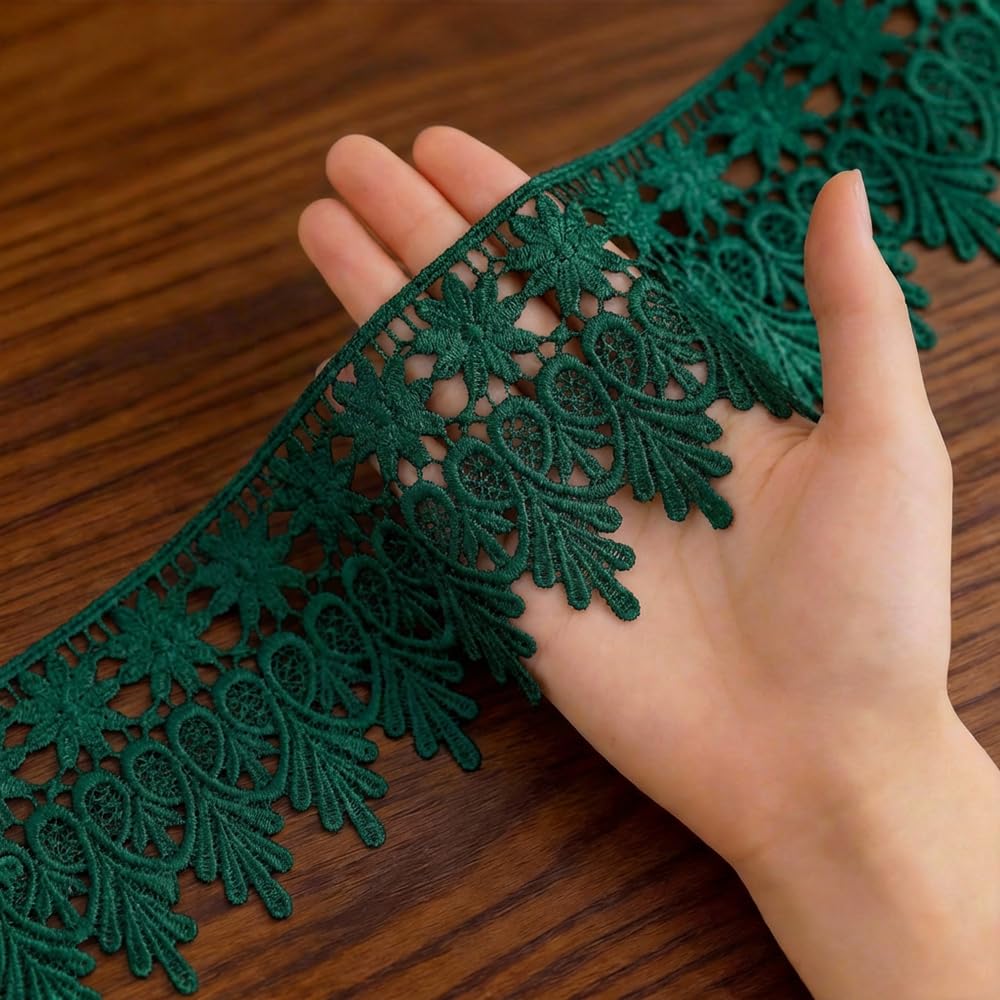 Pocoxll 15 Yards Floral Lace Trim, 8.5CM Wide Lace Ribbon, Embroidered Ribbon Floral Edge Trim for Sewing Crafts, Gift Wrapping and Wedding Decor (Dark Green)
