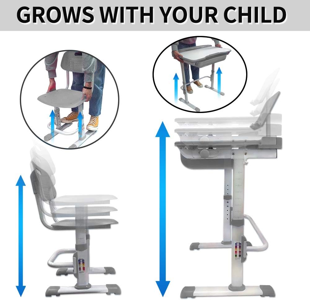 Kids Desk and Chair Set, Height Adjustable Children School Study Desk with Tilt Desktop, Bookstand, LED Lamp, Metal Hook and Storage Drawer for Boys Girls, Grey