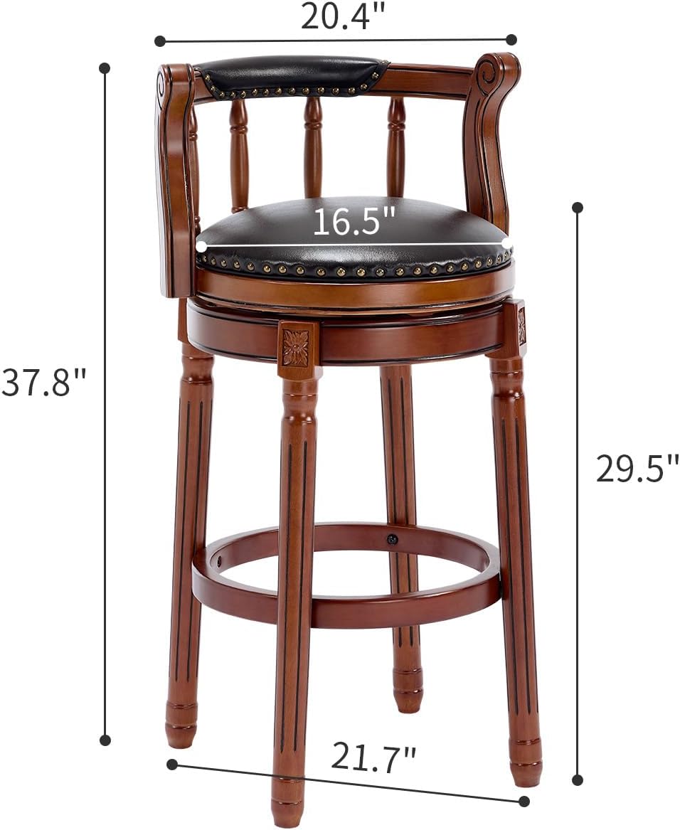 Cow top Leather Wooden Bar Stools, 360 Degree Swivel Bar Height Chair with Backs for Home Kitchen Counter, Morden Chair Barstools (Black-2pc, Bar Height-Seat Height 29.5”)