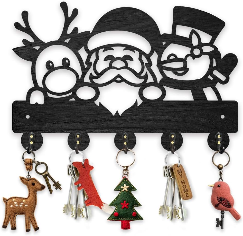 MAYJOYDIY Christmas Deer Santa Claus Snowman Coat Hooks Wood Key Holder for Wall 11.8×7.9inch Black Winter Key Hooks Rack 5 Alloy Hooks Christmas Home Decor Gifts Entryway Kitchen Bathroom Storage