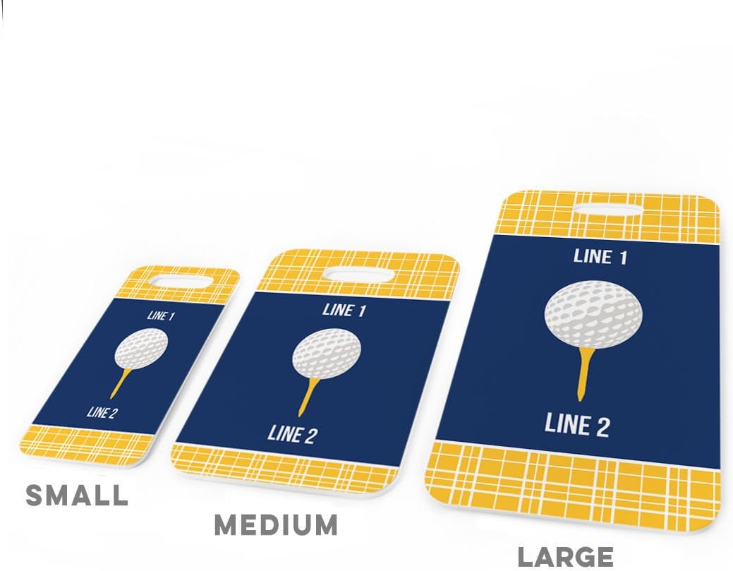 ChalkTalkSPORTS Golf Luggage & Bag Tag | Personalized Team with Golf Ball | Standard Lines on Back | Large | Gold/Navy