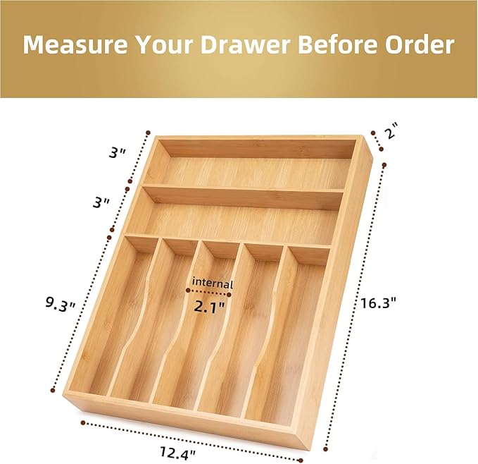 Bamboo Kitchen DrawerOrganizer, 13 Inch Silverware Organizer with Extra-deep Grooved Divider, 7 Slots Pure Bamboo Wood Caddy for Flatware Cutlery Knives, Forks, Spoons
