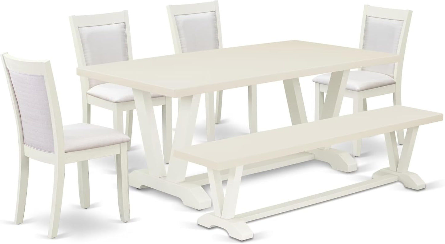 East West Furniture V027MZ001-6 6 Piece Dining Set Contains a Rectangle Dining Room Table with V-Legs and 4 Cream Linen Fabric Upholstered Chairs with a Bench, 40x72 Inch, Multi-Color