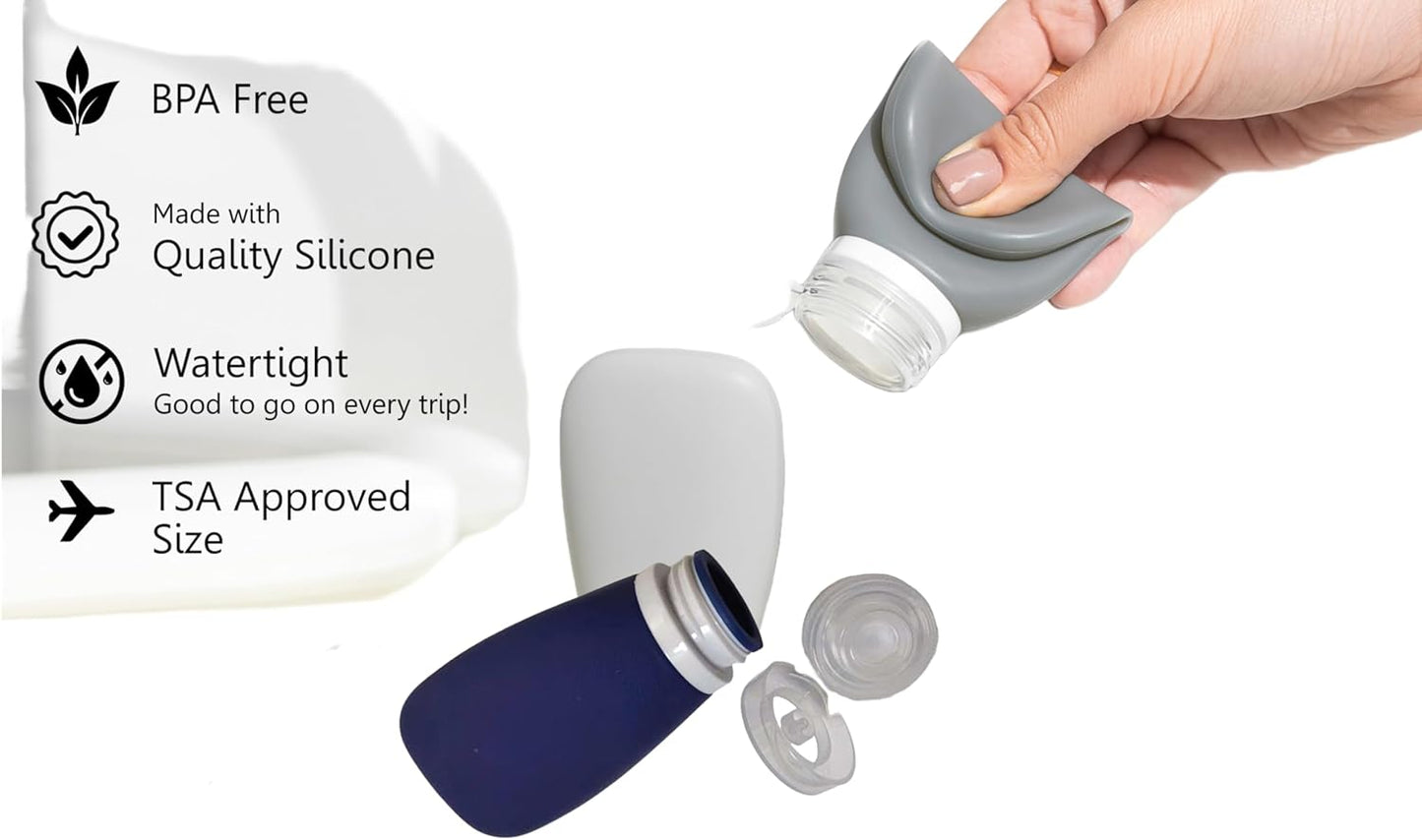 Travel Bottles for Toiletries, TSA Approved 3oz Leak Proof Silicone Refillable Squeeze Travel Size Containers BPA Free for Cleansers, Lotions, Shampoo 2pk (Navy Blue-White)