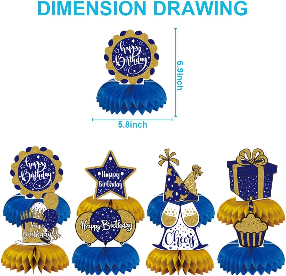 8Pcs Happy Birthday Decorations for Men Blue and Gold Honeycomb Centerpiece Baby Shower Supplies Blue Birthday Decorations