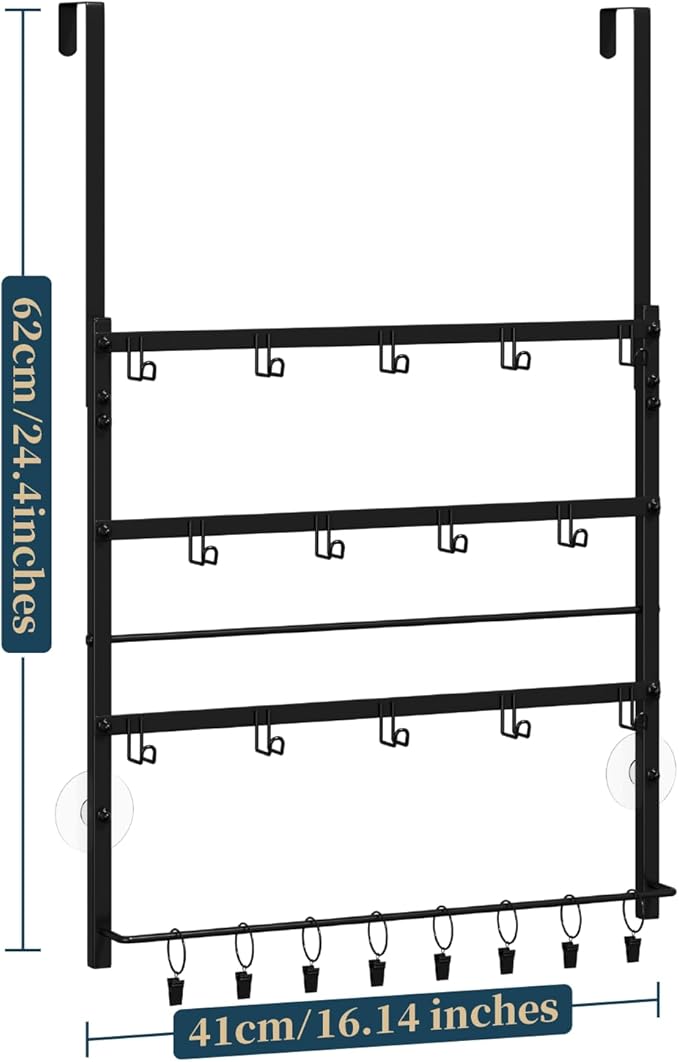Consumest Over The Door Organizer - 4 Tier Door Hanger Hooks for Hanging Clothing, 24 Inches Long Coat Hanger for Bedroom, Bathroom, Laundry or Dorm Room, Black
