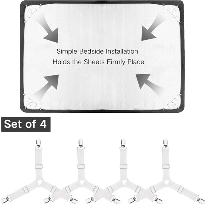 Foloda Fitted Sheet Holders for Corners, 4 pcs Adjustable Bed Sheet Holder Straps Fasteners Clips Fasteners Suspenders Locker Gripper Scrunchie for Bed Mattress