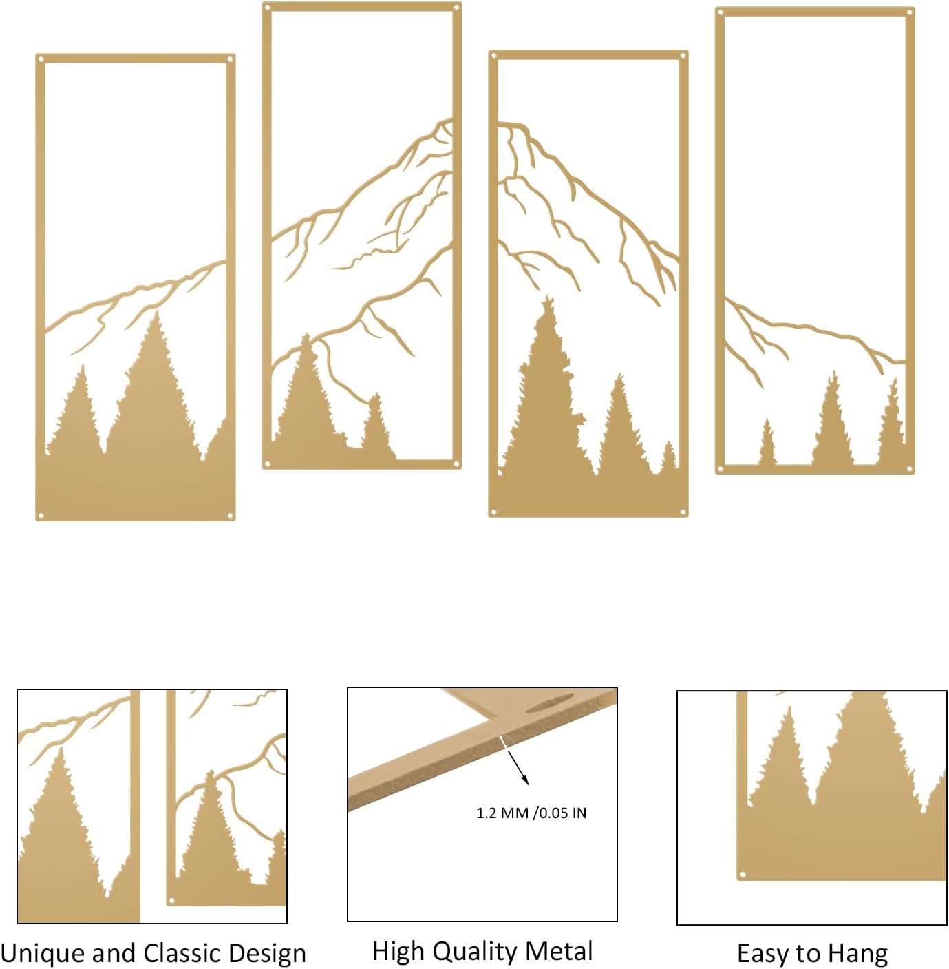 ruelen 4 Pcs Metal Mountain and Forest Wall Decorations Line Drawing Wall Art Minimalist Wall Decor Rustic Nature Home Wall Art Sculpture for Home Bedroom Bathroom Office Living Room (Gold, Large)