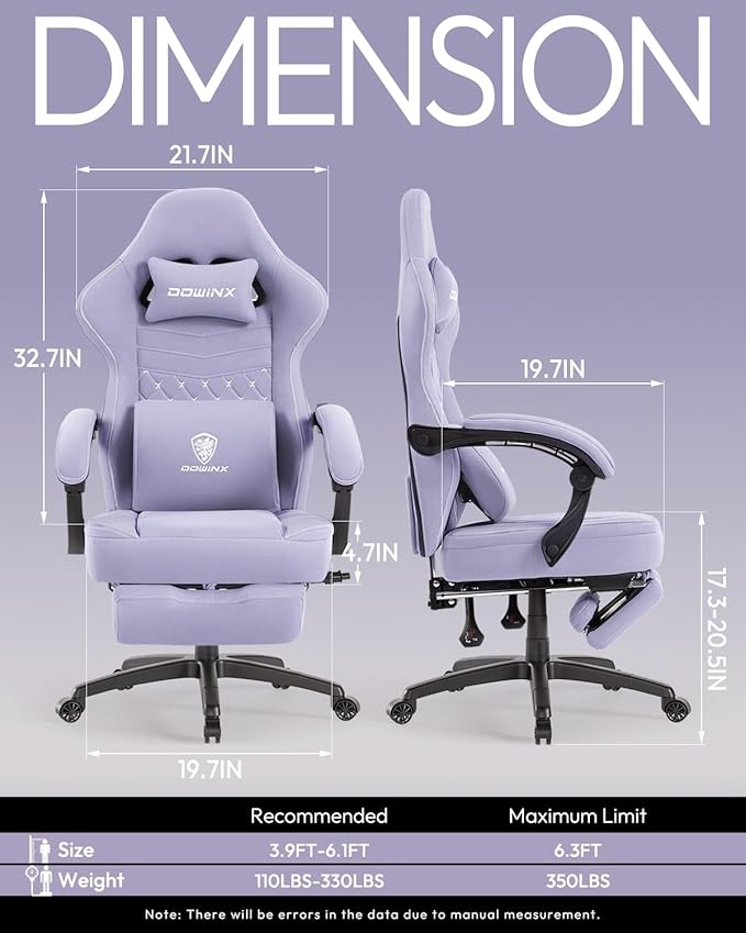 Dowinx Gaming Chair with Footrest, Breathable Fabric Gamer Chair with Gel Pad and Storage Bag, Ergonomic Office Chair with Lumbar Support for Home Task, Purple
