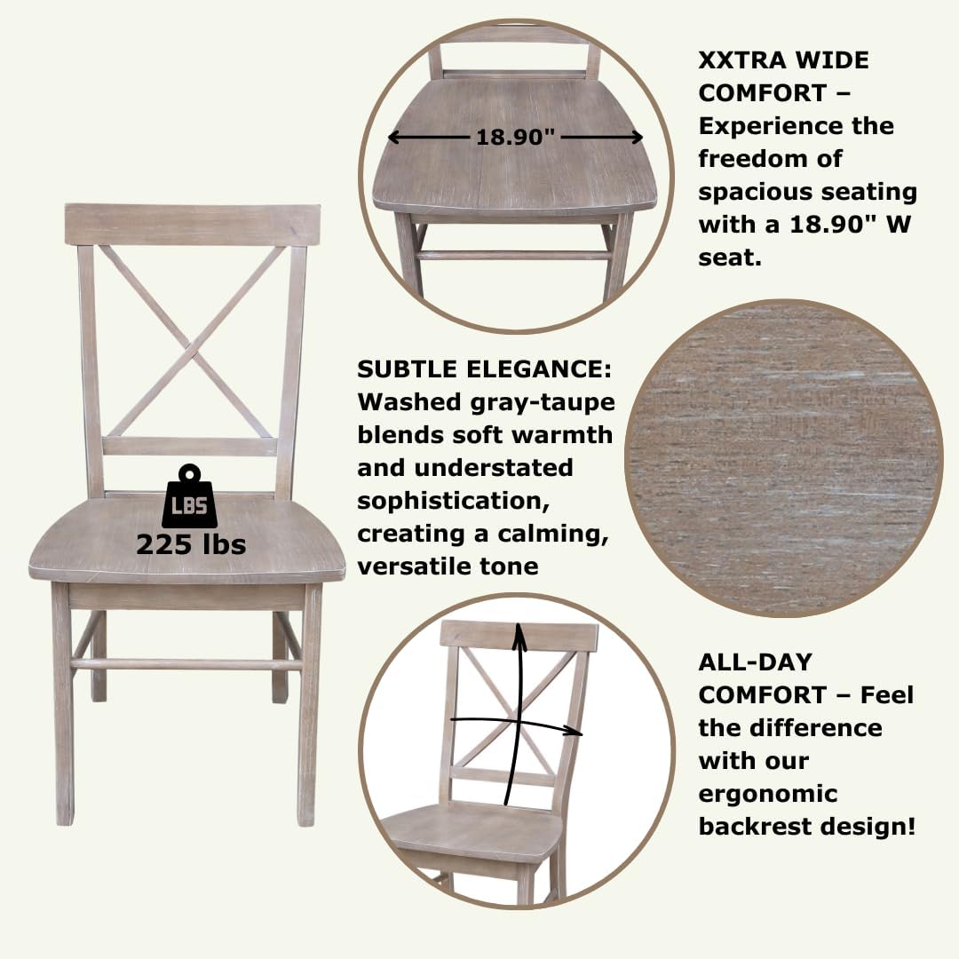 X-Back Dining Chairs Set of 2 Washed Gray Taupe Solid Wood Parawood Construction, Stylish and Comfortable Chairs for Kitchen/Dining, 18.9"W x 22.2"D x 36.9"H, 225 lb Weight Capacity