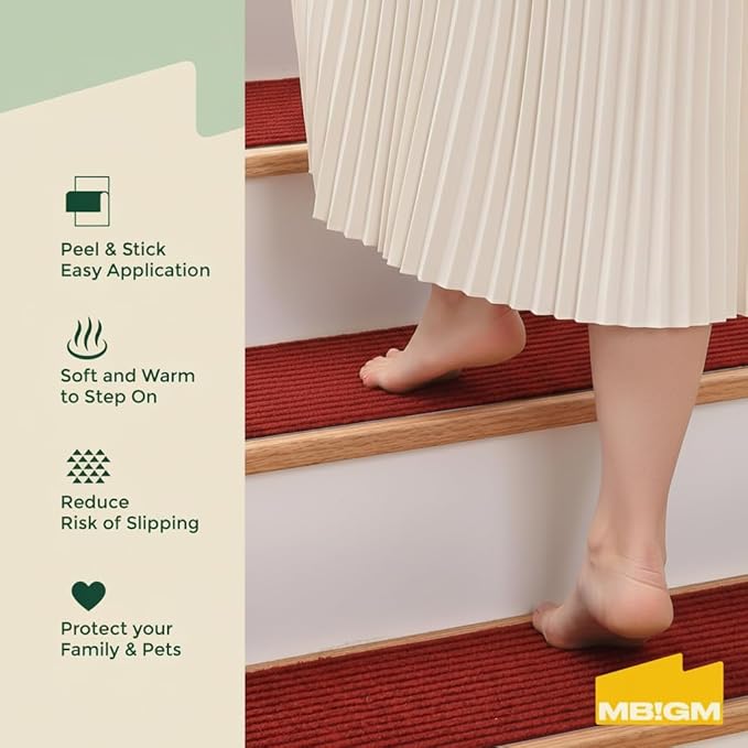 MBIGM 8" X 30" (15 in Pack) Non-Slip Carpet Stair Treads Non-Skid Safety Rug Slip Resistant Indoor Runner for Kids Elders & Pets w/Reusable Adhesive Red Anti-Slip Stair Strips - Washable Stair Treads