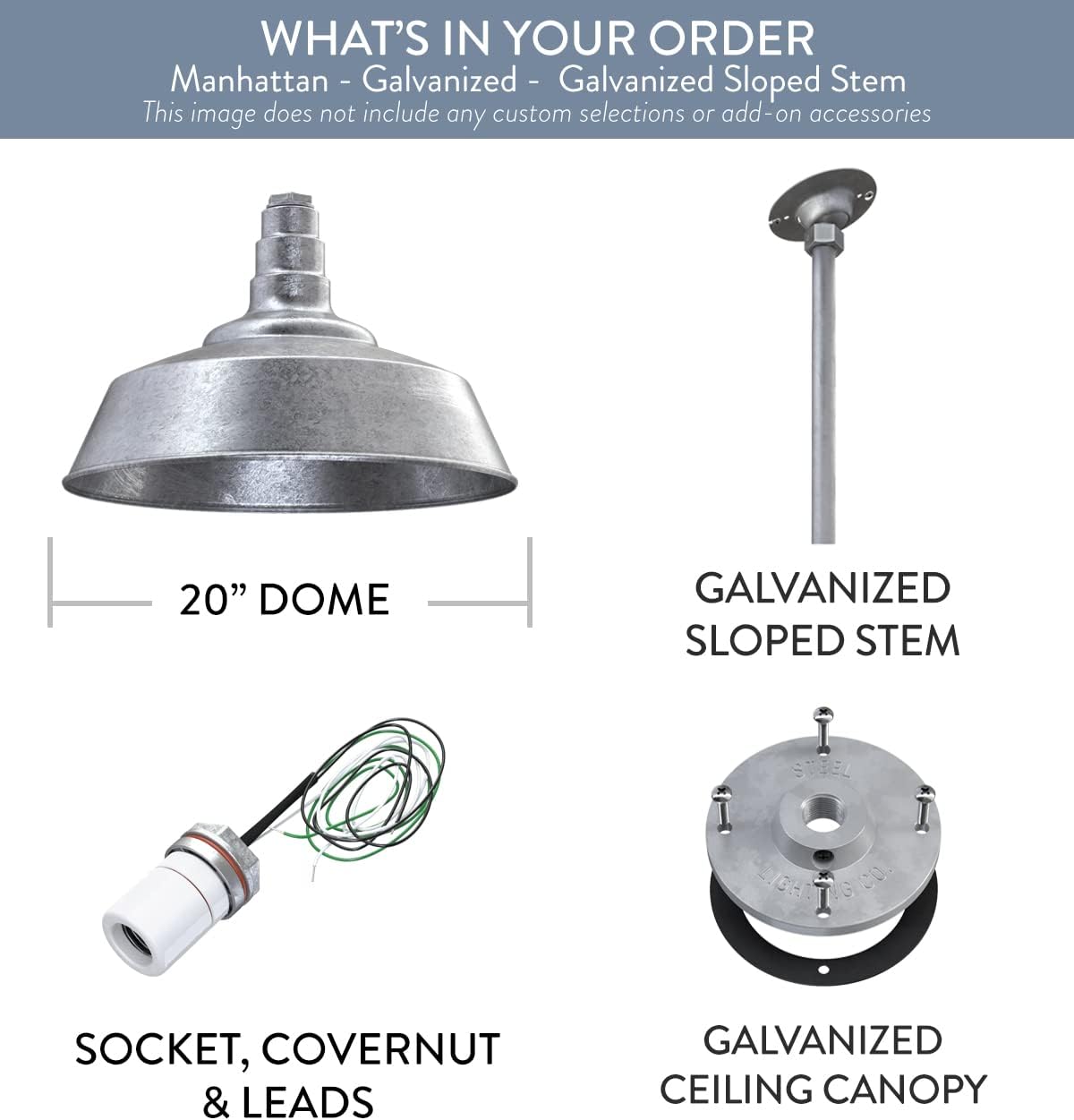 Steel Lighting Co. Manhattan Warehouse Light | Ceiling Mounted Pendant | 20 inch Dome | 12 inch Sloped Stem | Large Steel Barn Light Made in America | Galvanized Exterior/Galvanized Interior