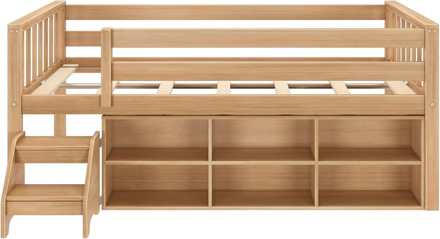 Max & Lily Soren Ultra Low Loft Bed, Twin Bed Frame for Kids with Bookcase, Blonde