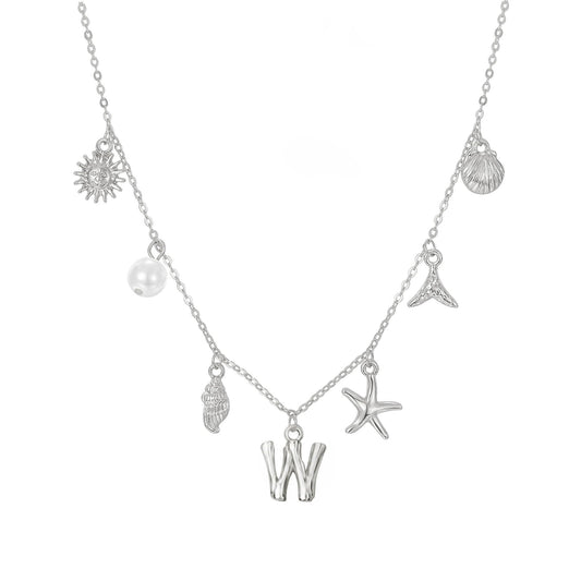 JALZEMPL Initial Charm Necklace For Women Seashell Shell Letter Boho Summer Beach Starfish 14k Gold Plated Silver Pendant Surfer Jewelry Gifts (W,Silver)