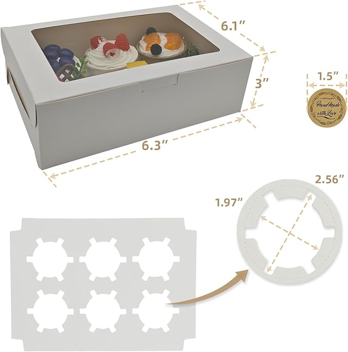 Cupcake Boxes 6 Count, Disposable Cupcake Containers, Food Grade Carrier with Window and Inserts for Cupcakes Muffins Cookies Pastries Donuts (White, 30 Pack)