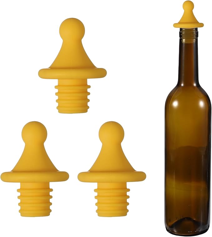 uxcell 3 Pcs Silicone Roof Shape Wine Stopper, Reusable Wine Stoppers Airtight Leak-proof Bottle Plug Liquor Saver with Beer Beverage Bottle Stopper for Bar Holiday Party, Dark Yellow