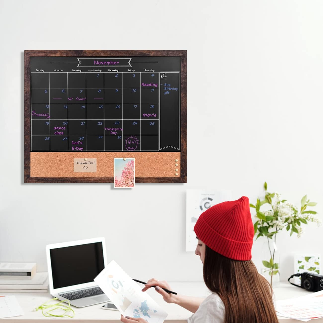TORASO Magnetic Chalkboard Calendar Corkboard, 18" x 22" Combination Chalk Board Bulletin Board, Black Wood Framed Blackboard Calendar Cork Combo Board(ZHHB-BK-4555)