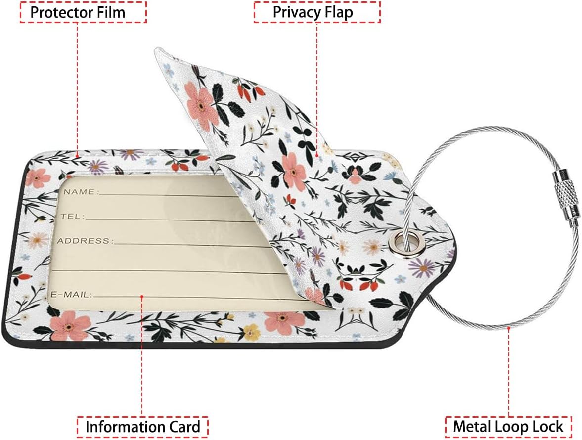 Blooming Flowers Luggage Tags for Suitcases,2 Pack Luggage Tag, Leather Stainless Steel Loop Label Tag for Women Girl Travel Bag Suitcase