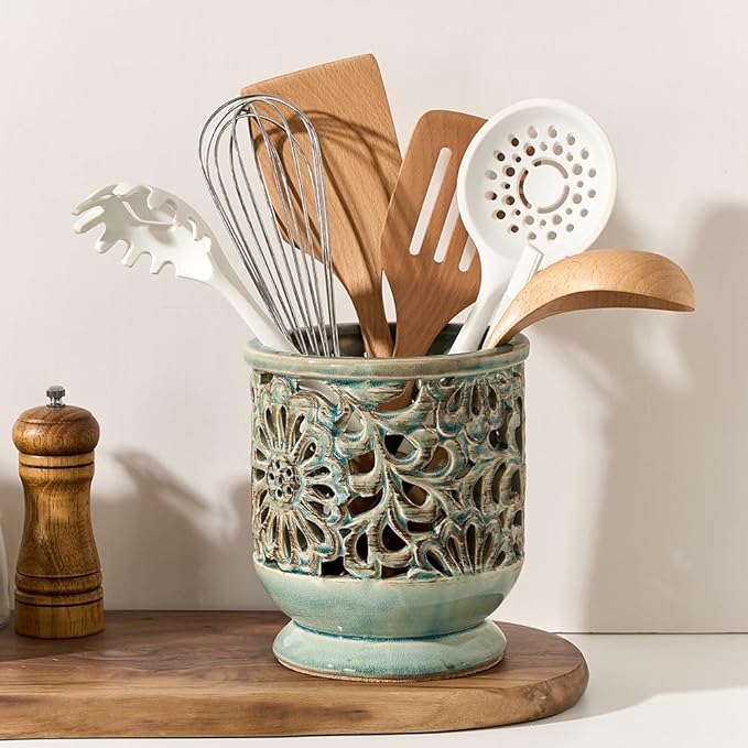 Farmhouse Kitchen Utensil Holder for Countertop, Ceramic Large Cooking Utensil Crock with Cork Mat, Decorative Rustic Utensil Holder for Kitchen Counter, Hollow Carving Flower, Blue