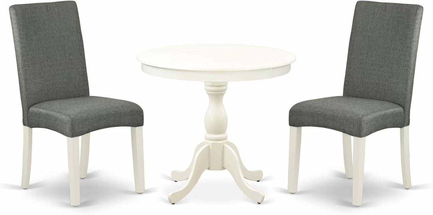 East West Furniture AMDR3-LWH-07 3 Piece Dining Table Set for Small Spaces Contains a Round Kitchen Table with Pedestal and 2 Gray Linen Fabric Upholstered Chairs, 36x36 Inch, Linen White