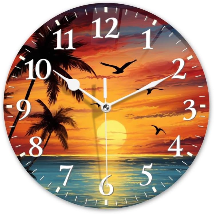 Sunset Wall Clock Non-Ticking Silent Clocks Battery Operated Analog Decor Clock for Home-Beautiful Sunset Over The Ocean with Palm Trees and Birds Flying in The Sky(16inch)
