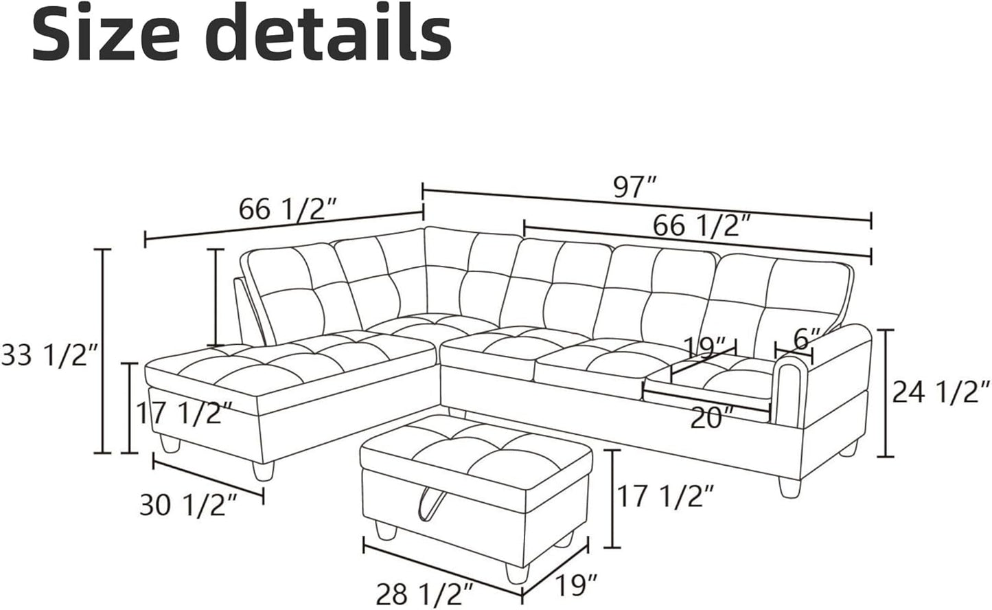 L Shaped Sectional Couches for Living Room, Modern Modular Sectional Sofa with Ottoman Storage, Comfy L Shaped Couch with Chaise for Bedroom Apartment Furniture, Coffee