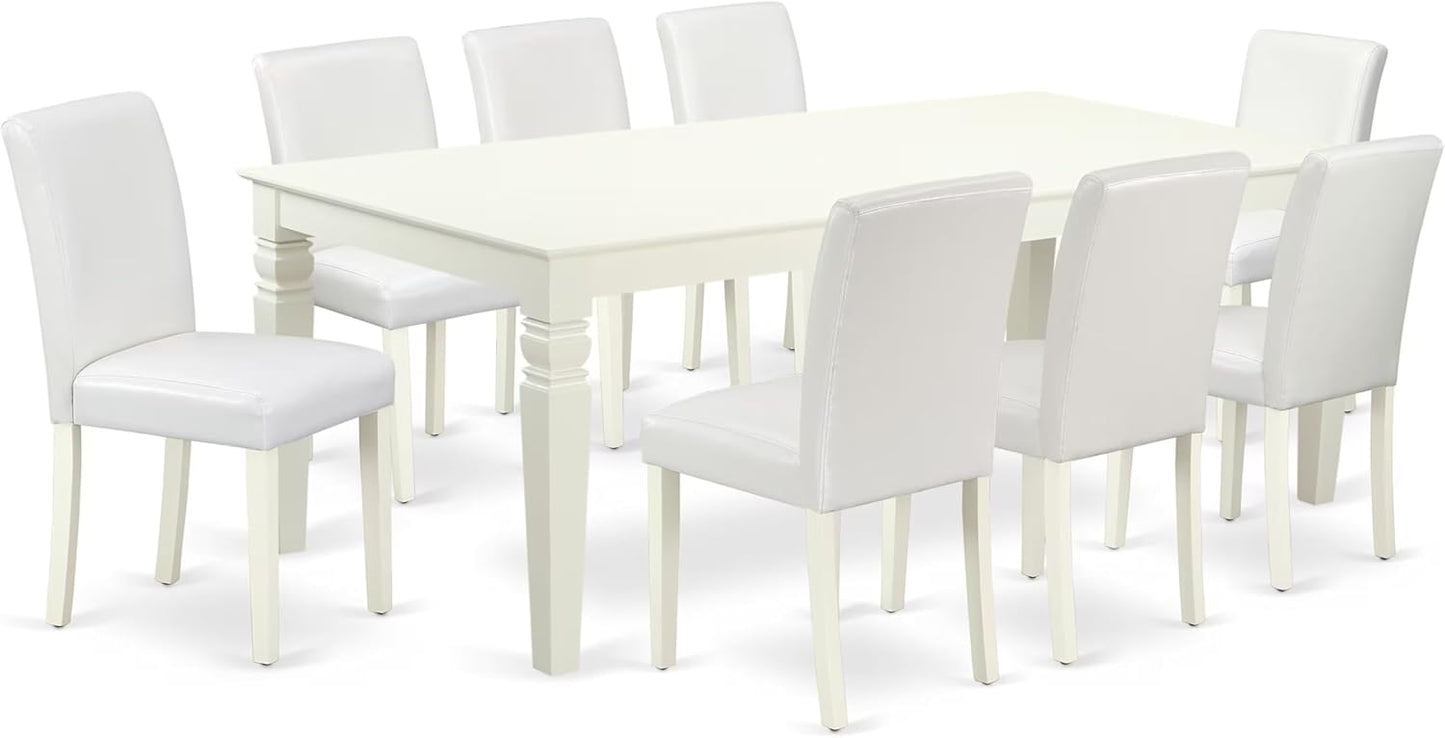 East West Furniture LGAB9-LWH-64 9 Piece Dining Table Set Includes a Rectangle Kitchen Table with Butterfly Leaf and 8 White Faux Leather Upholstered Chairs, 42x84 Inch, Linen White