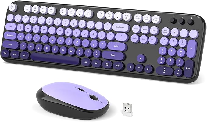 Wireless Keyboard Mouse Combo, Typewriter Full Size Keyboard and 2 in 1 USB Connected Mouse for Windows 7/8/10, Laptop, Desktop, PC, Computer (Black Purple)