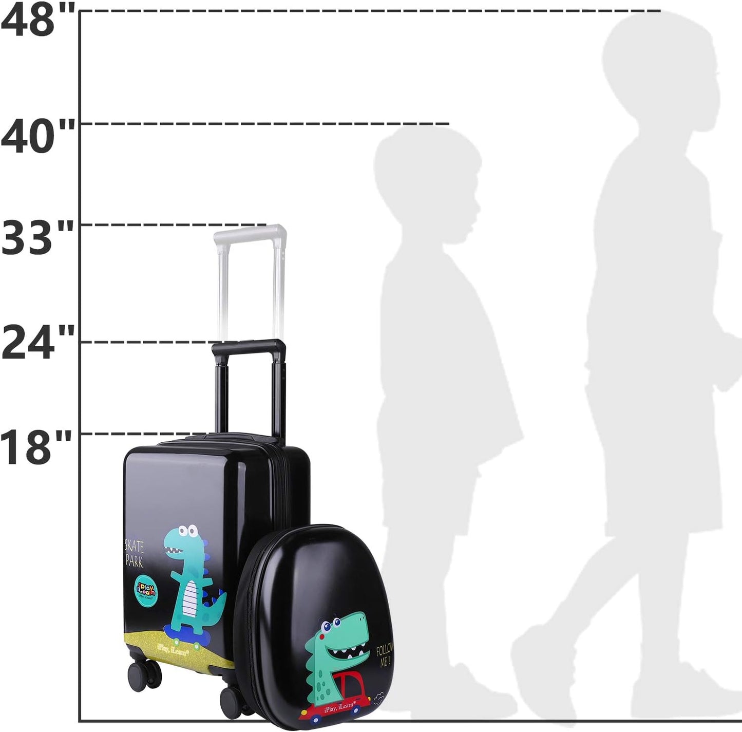 iPlay, iLearn Dinosaur Kids Luggage, Boy Carry on Suitcase, 18" Hardside Travel Luggage Set W/Backpack, Toddler Rolling Luggage W/ 4 Spinner Wheels, Children Holiday Birthday Gift