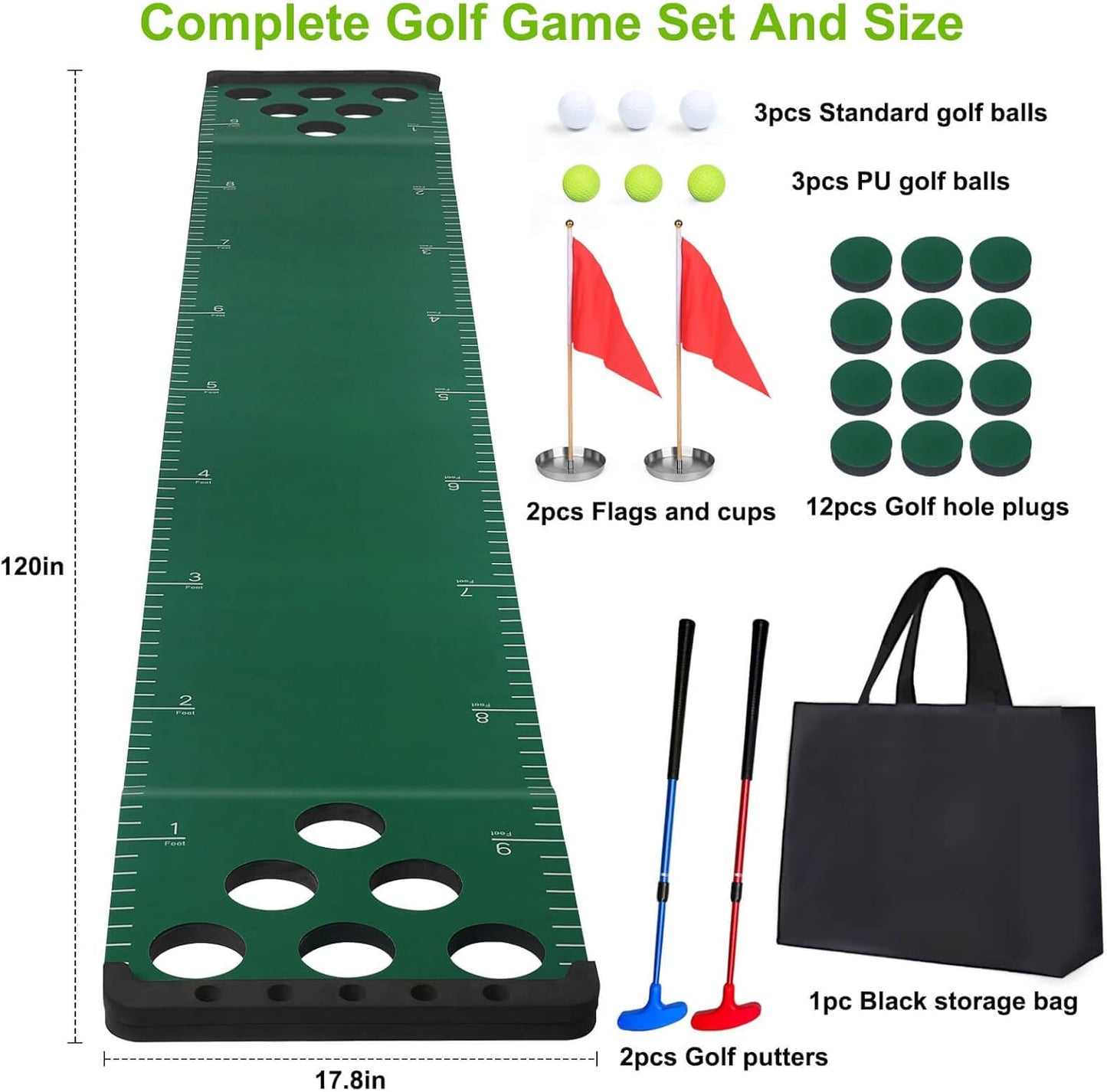Golf Putting Game Set, Putting Green Pong Game Mat Include 6 Balls, 1 Portable Bag, 2 Flags & Cups for Indoor Outdoor Backyard Party Use