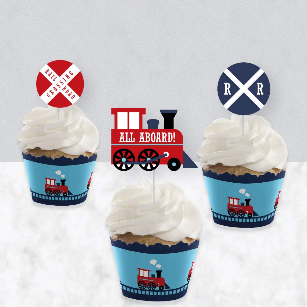 Big Dot of Happiness Railroad Party Crossing - Cupcake Decoration - Steam Train Birthday Party or Baby Shower Wrappers and Treat Picks Kit - Set of 24