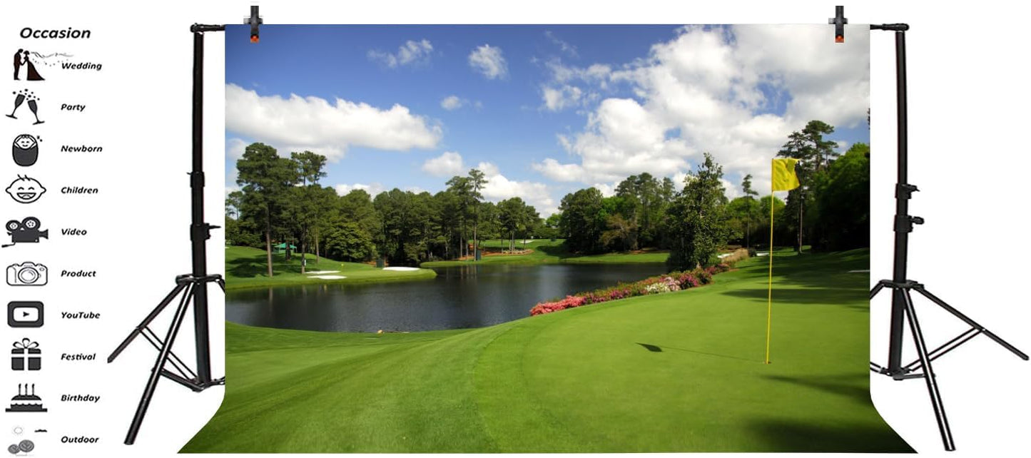 Golf Course Backdrop - Woodland Green Grass Lawn Flag Lake Sports Backgrounds for Photography Party Decorations Birthday Banner Photo Studio Props 12x8ft