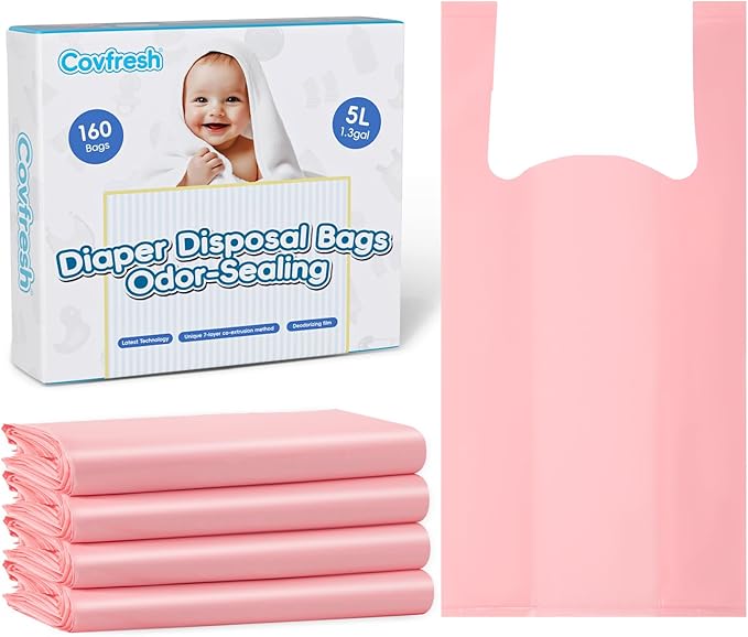 Odor Sealing Disposable Diaper Bags with Tie Handle, 160 count, Large Capacity, Unscented & Durable Diaper Trash Bags for Home & Baby Travel Use (Color:Pink)