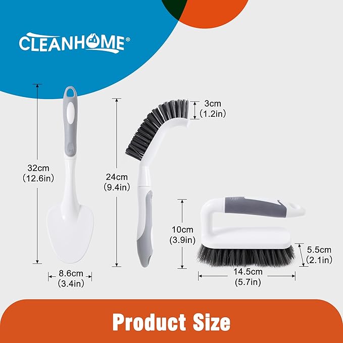 3 Pcs Scrub Brush,Multifunctional Cleaning Brush Set with Non-Slip Handle and Sturdy Bristles,Scrub Brushes for Cleaning Bathroom,Kitchen,Grout,Tile,Grey